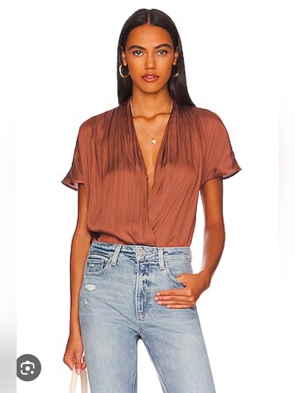 Paige Silky Bronze Deep V-Neck With Button Short Sleeves Bodysuit Size XS